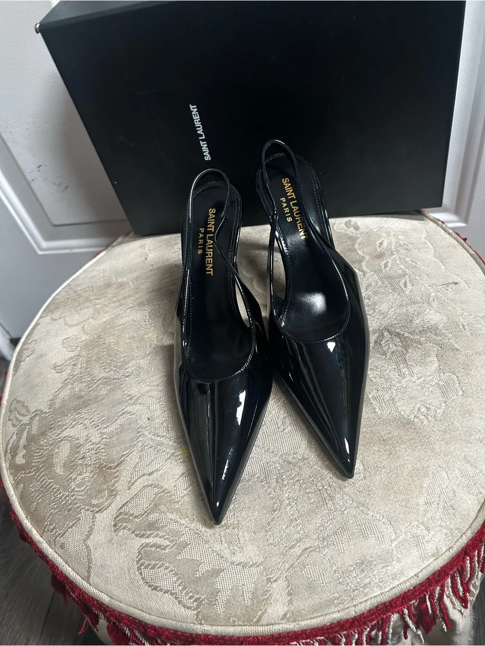 Saint Laurent Black Patent Pointed Slingback Pumps - Picture 7 of 11